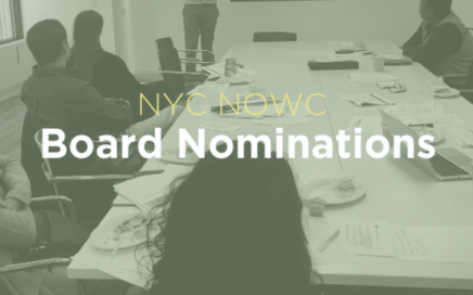 Image of people around a table with center text that reads NYC NOWC Board Nominations
